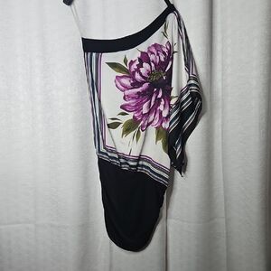 Floral Asymmetrical Top with Purple Flower Off The Shoulder On One Side.